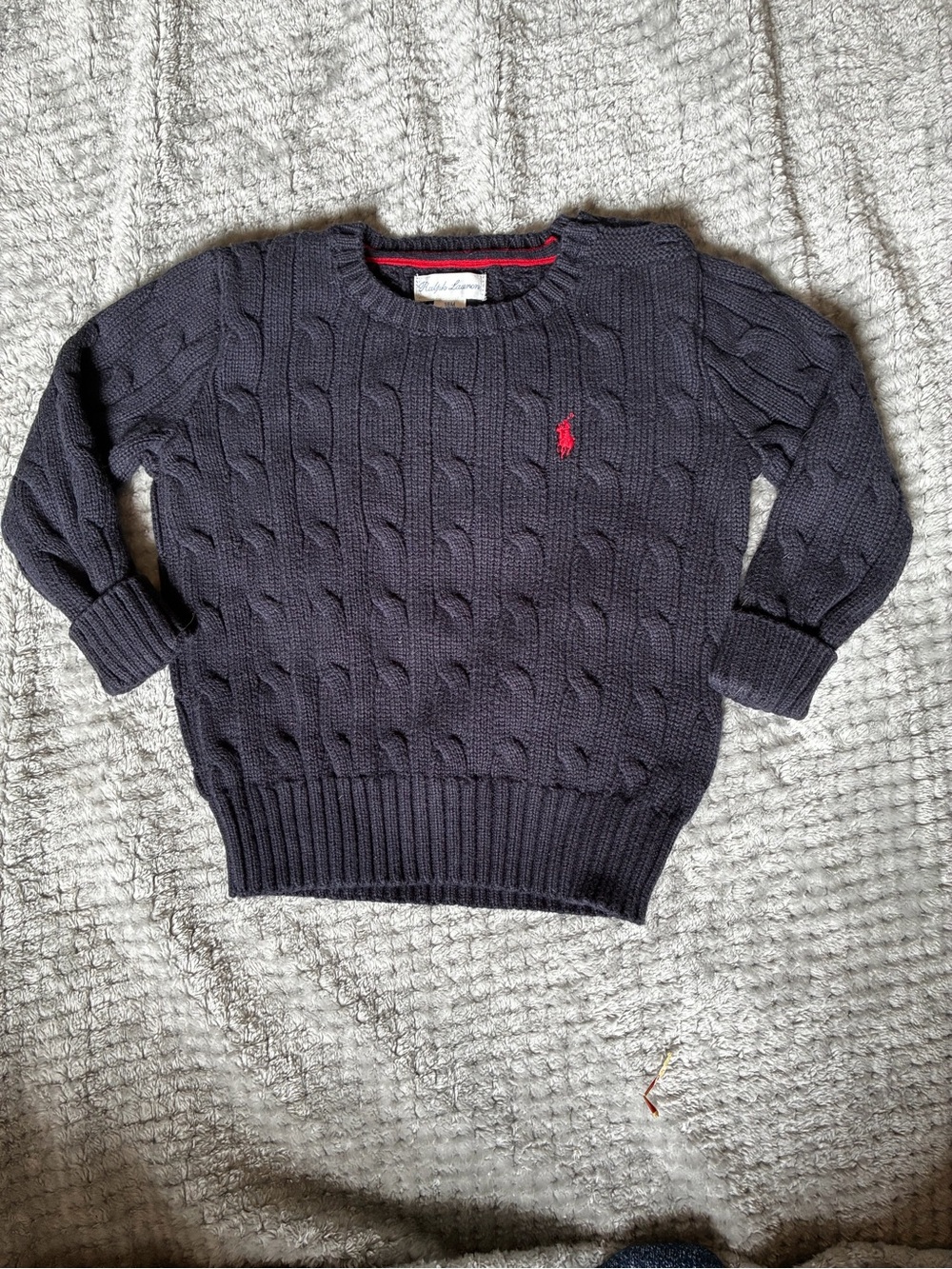 Toddler Ralph Lauren Navy Cable-Knit Crewneck Sweater with Red Polo Logo